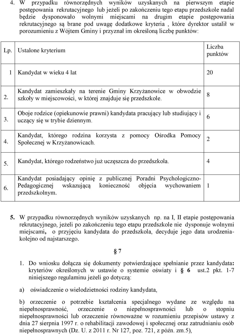 punktów 1 Kandydat w wieku 4 lat 20 2 3 4 Kandydat zamieszkały na terenie Gminy Krzyżanowice w obwodzie szkoły w miejscowości, w której znajduje się przedszkole Oboje rodzice (opiekunowie prawni)