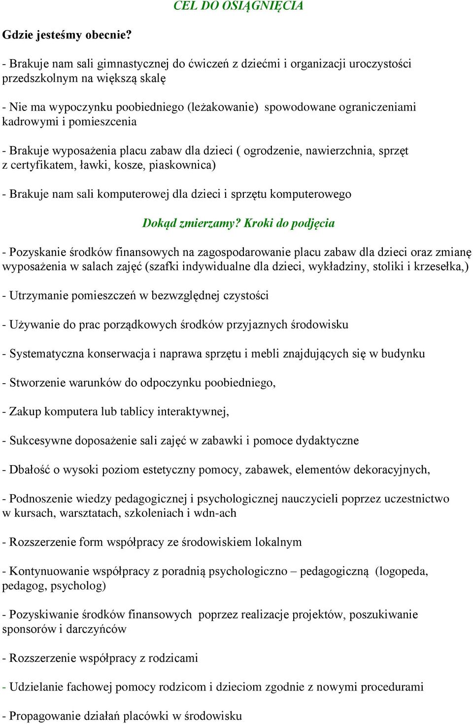 pomieszcenia - Brakuje wyposażenia placu zabaw dla dzieci ( ogrodzenie, nawierzchnia, sprzęt z certyfikatem, ławki, kosze, piaskownica) - Brakuje nam sali komputerowej dla dzieci i sprzętu