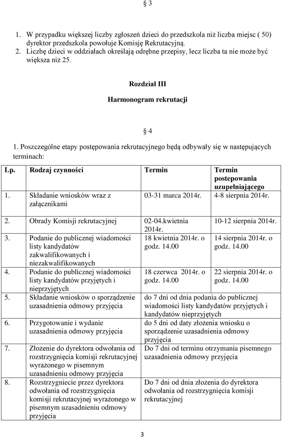 Poszczególne etapy postępowania rekrutacyjnego będą odbywały się w następujących terminach: Lp. Rodzaj czynności Termin Termin postepowania uzupełniającego 1.