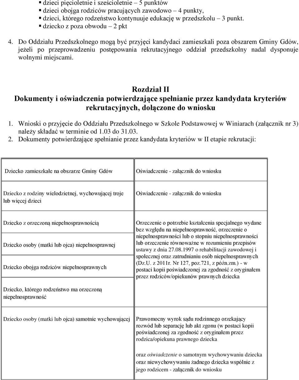 miejscami. Rozdział II Dokumenty i oświadczenia potwierdzające spełnianie przez kandydata kryteriów rekrutacyjnych, dołączone do wniosku 1.