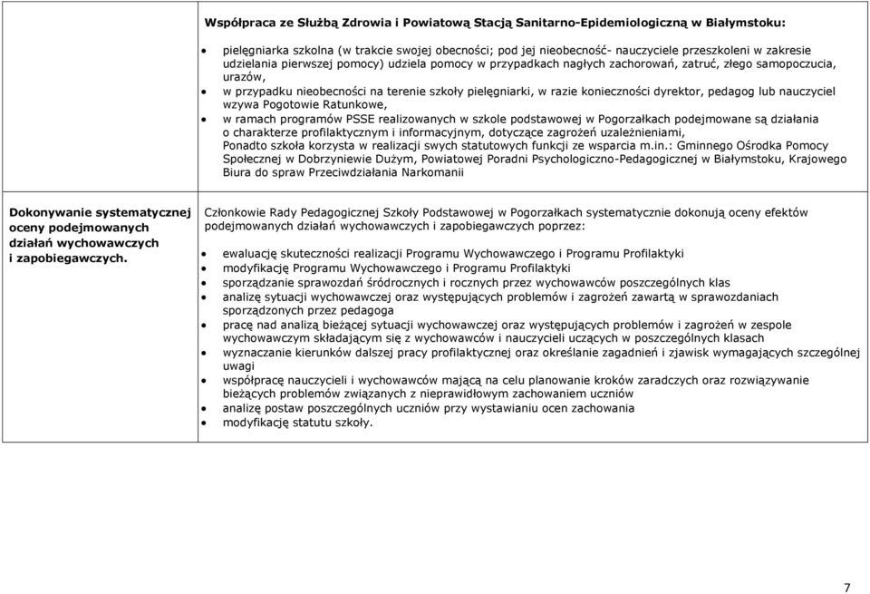 dyrektor, pedagog lub nauczyciel wzywa Pogotowie Ratunkowe, w ramach programów PSSE realizowanych w szkole podstawowej w Pogorzałkach podejmowane są działania o charakterze profilaktycznym i