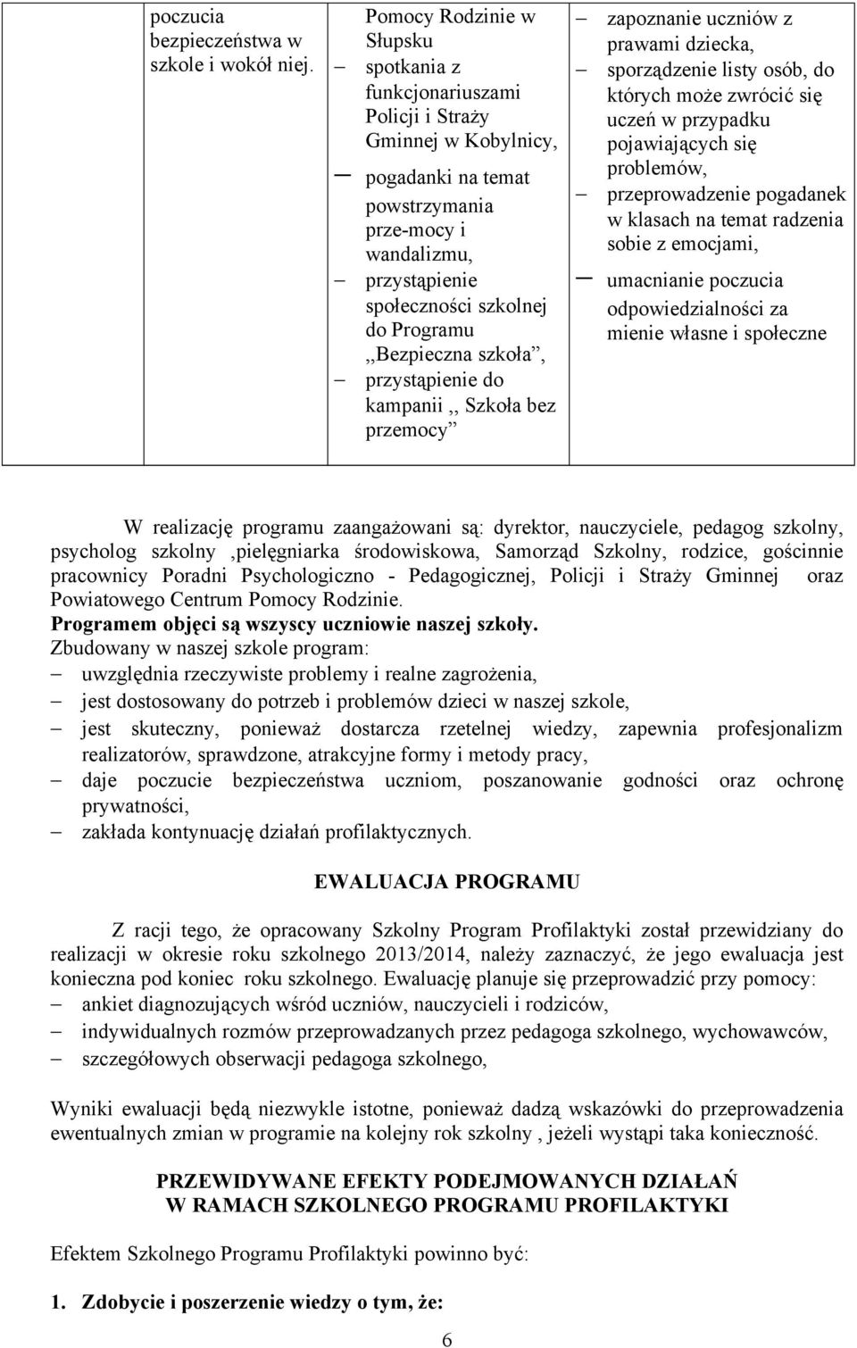 Programu,,Bezpieczna szkoła, przystąpienie do kampanii,, Szkoła bez przemocy zapoznanie uczniów z prawami dziecka, sporządzenie listy osób, do których może zwrócić się uczeń w przypadku pojawiających