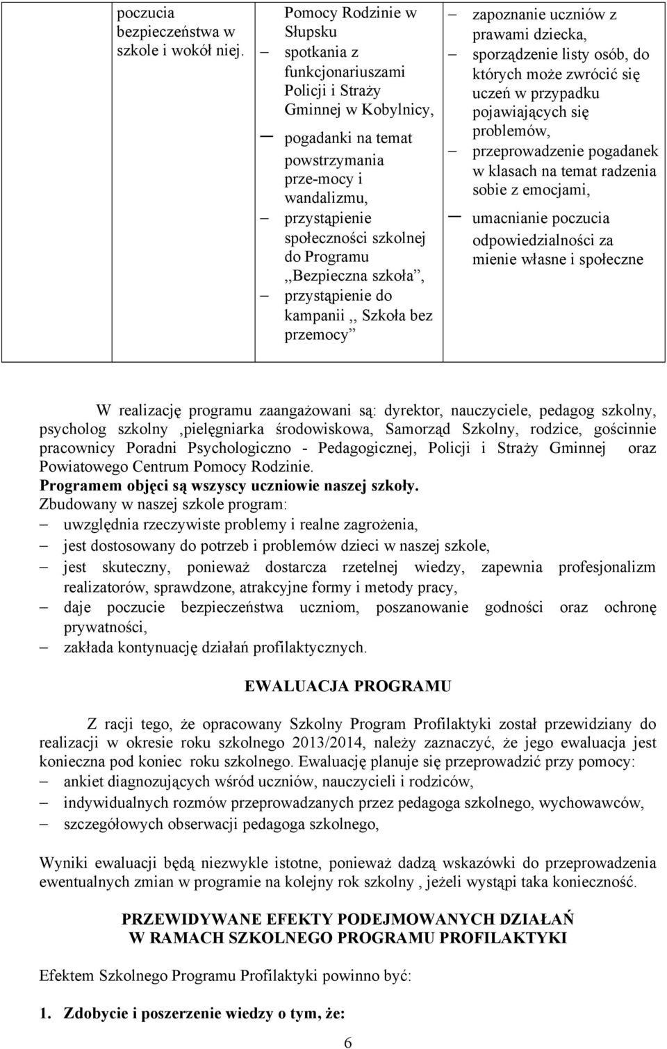 Programu,,Bezpieczna szkoła, przystąpienie do kampanii,, Szkoła bez przemocy zapoznanie uczniów z prawami dziecka, sporządzenie listy osób, do których może zwrócić się uczeń w przypadku pojawiających