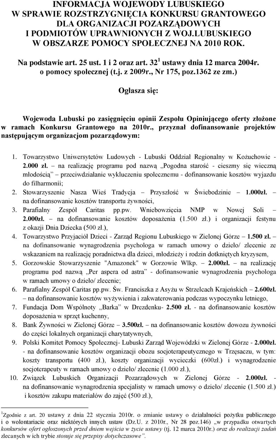 ) Ogłasza się: Wojewoda Lubuski po zasięgnięciu opinii Zespołu Opiniującego oferty złożone w ramach Konkursu Grantowego na 2010r.