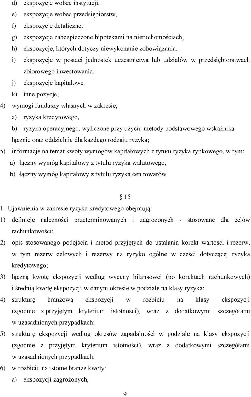 zakresie; a) ryzyka kredytowego, b) ryzyka operacyjnego, wyliczone przy użyciu metody podstawowego wskaźnika łącznie oraz oddzielnie dla każdego rodzaju ryzyka; 5) informacje na temat kwoty wymogów