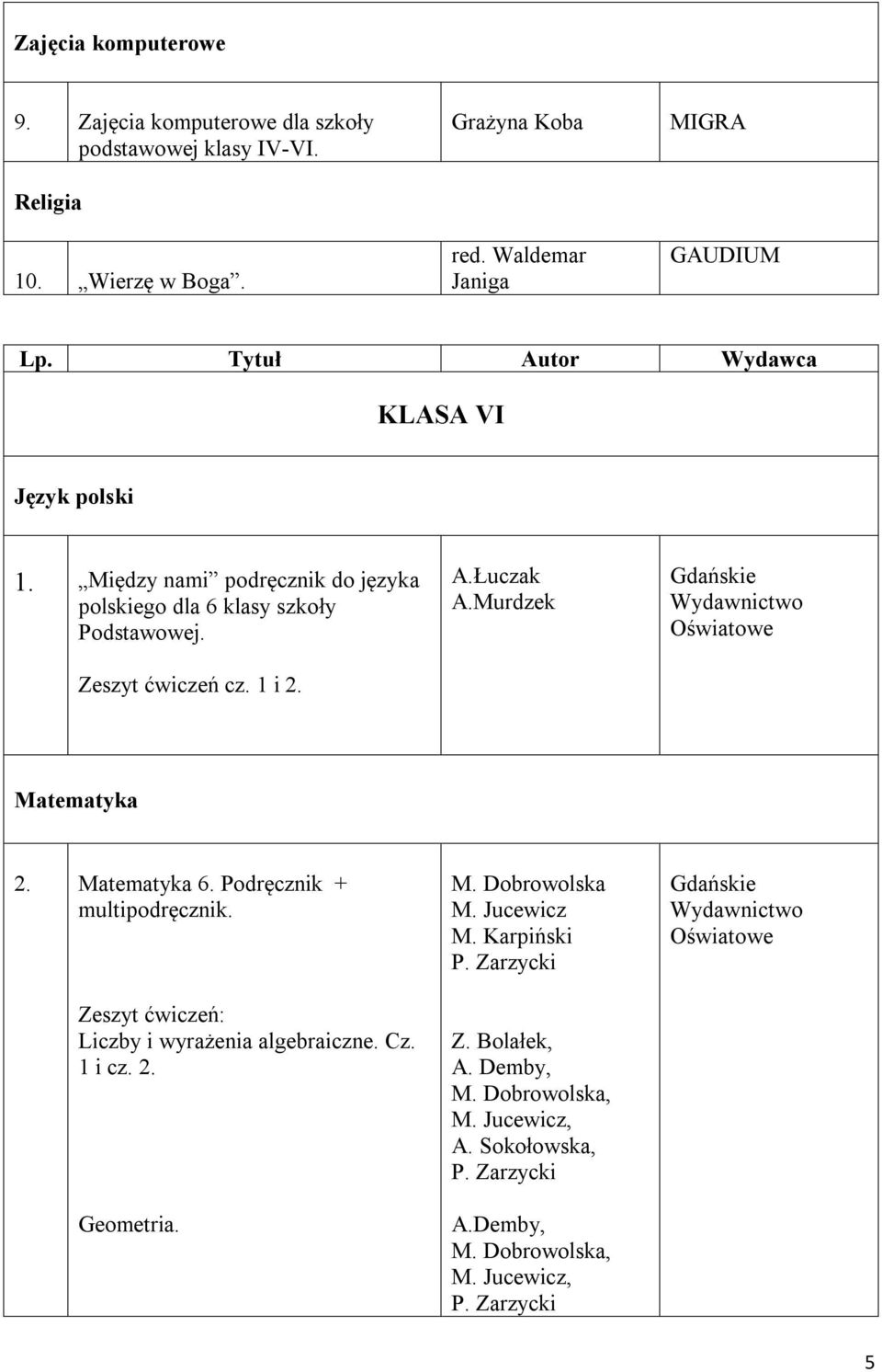 Murdzek Matematyka 2. Matematyka 6. Podręcznik + multipodręcznik. Zeszyt ćwiczeń: Liczby i wyrażenia algebraiczne. Cz. 1 i cz. 2. Geometria. M. Dobrowolska M.