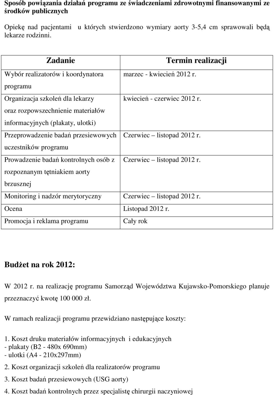 oraz rozpowszechnienie materiałów informacyjnych (plakaty, ulotki) Przeprowadzenie badań przesiewowych Czerwiec listopad 2012 r.