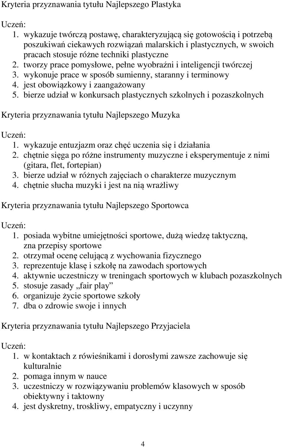 tworzy prace pomysłowe, pełne wyobraźni i inteligencji twórczej 3. wykonuje prace w sposób sumienny, staranny i terminowy 4. jest obowiązkowy i zaangażowany 5.