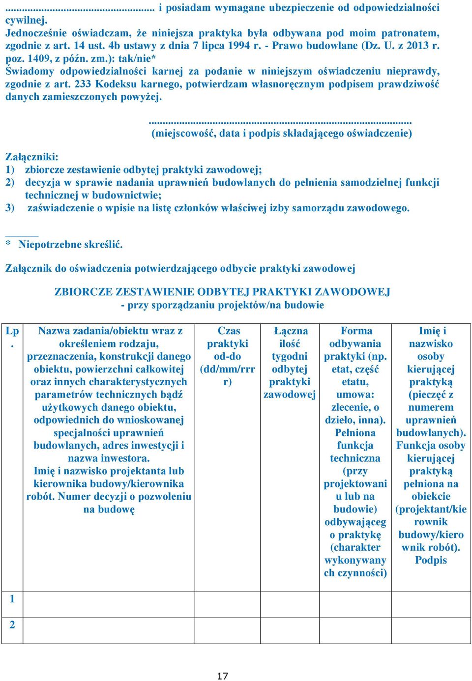 233 Kodeksu karnego, potwierdzam własnoręcznym podpisem prawdziwość danych zamieszczonych powyżej.