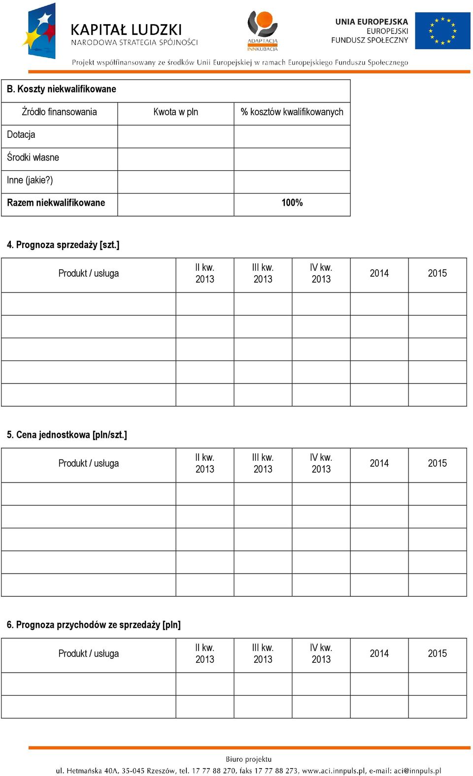 ] Produkt / usługa II kw. III kw. IV kw. 2014 2015 5. Cena jednostkowa [pln/szt.