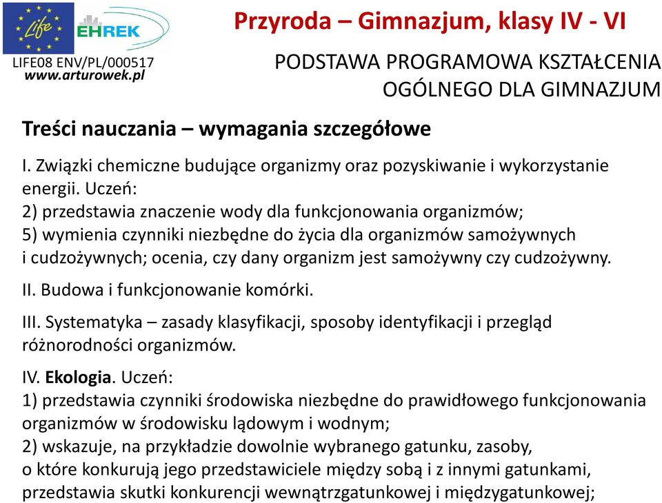 cudzożywny. II. Budowa i funkcjonowanie komórki. III. Systematyka zasady klasyfikacji, sposoby identyfikacji i przegląd różnorodności organizmów. IV. Ekologia.