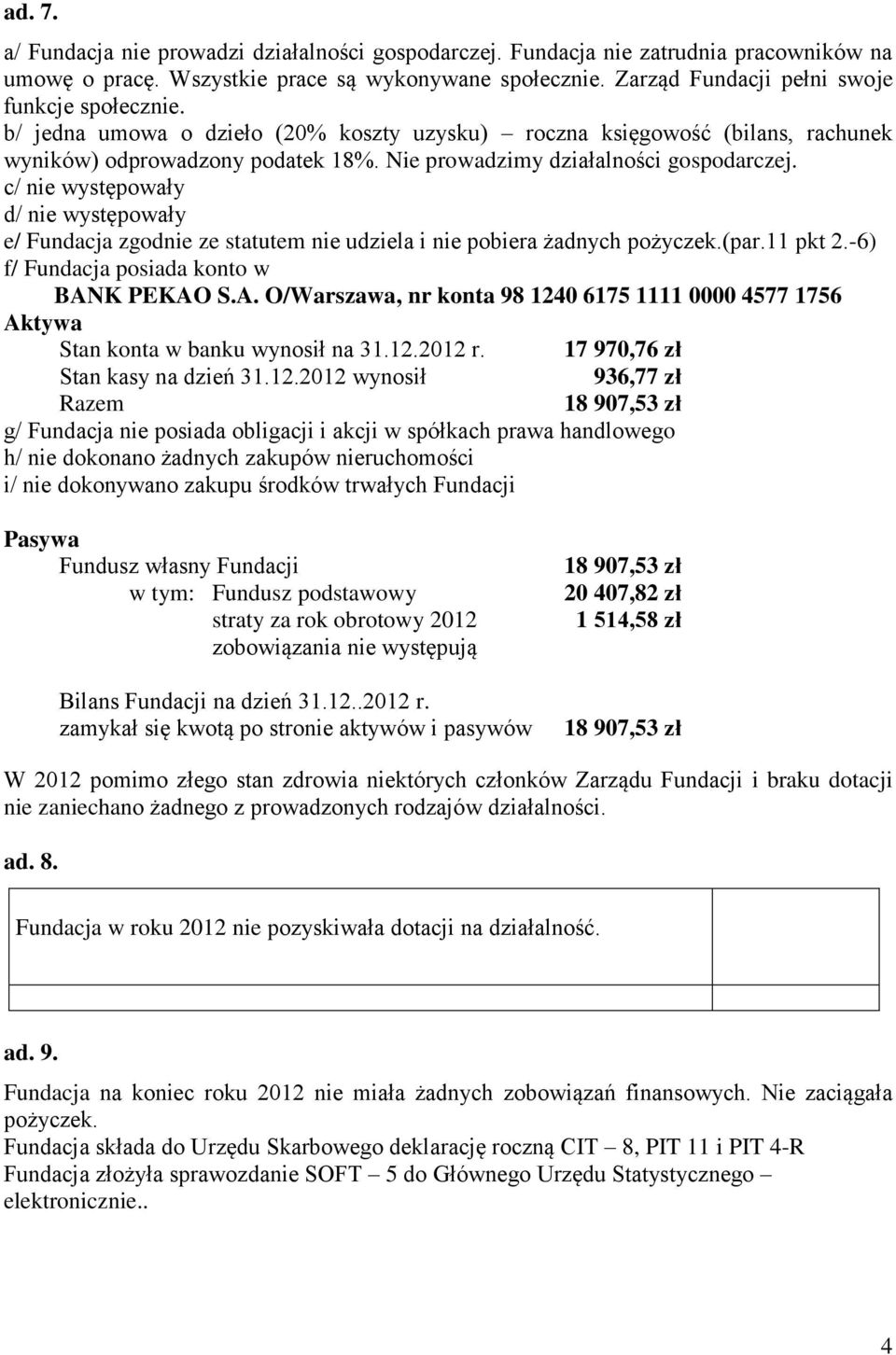 Nie prowadzimy działalności gospodarczej. c/ nie występowały d/ nie występowały e/ Fundacja zgodnie ze statutem nie udziela i nie pobiera żadnych pożyczek.(par.11 pkt 2.