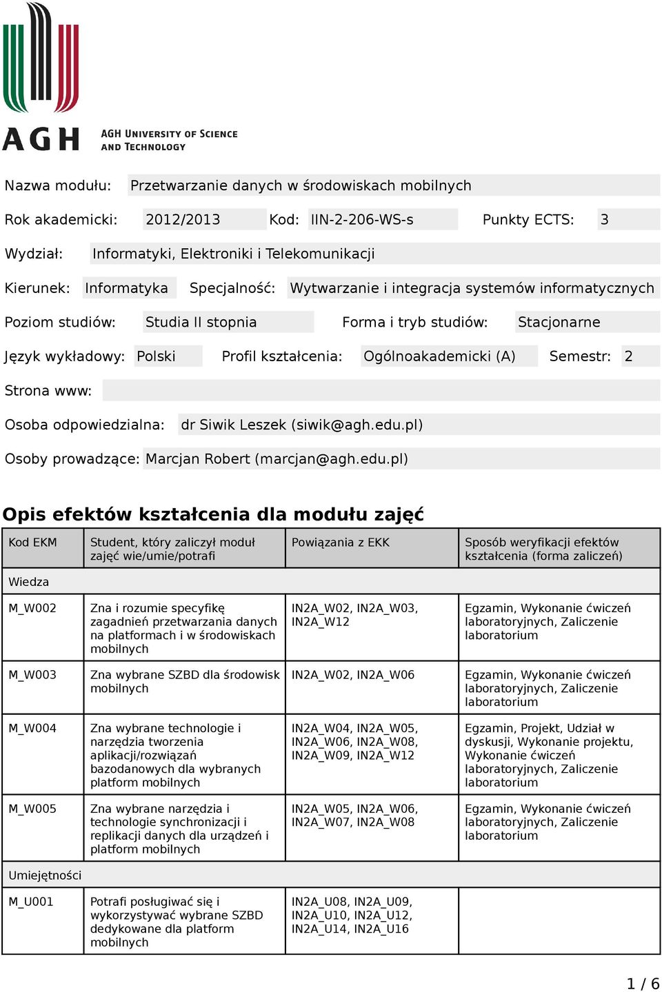 Strona www: Osoba odpowiedzialna: dr Siwik Leszek (siwik@agh.edu.