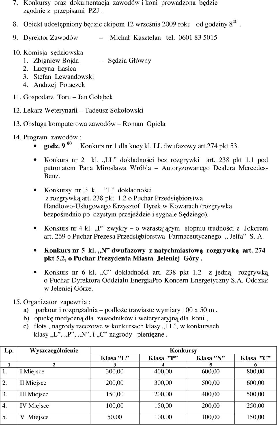 Lekarz Weterynarii Tadeusz Sokołowski 13. Obsługa komputerowa zawodów Roman Opiela 14. Program zawodów : godz. 9 00 Konkurs nr 1 dla kucy kl. LL dwufazowy art.274 pkt 53. Konkurs nr 2 kl.