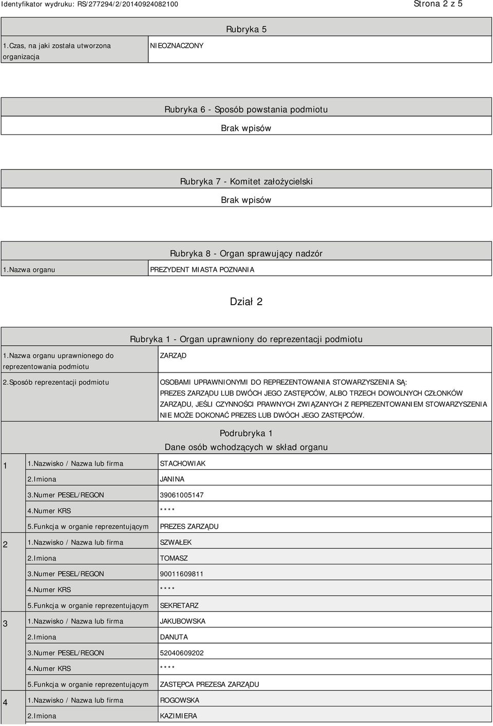 Sposób reprezentacji podmiotu ZARZĄD OSOBAMI UPRAWNIONYMI DO REPREZENTOWANIA STOWARZYSZENIA SĄ: PREZES ZARZĄDU LUB DWÓCH JEGO ZASTĘPCÓW, ALBO TRZECH DOWOLNYCH CZŁONKÓW ZARZĄDU, JEŚLI CZYNNOŚCI