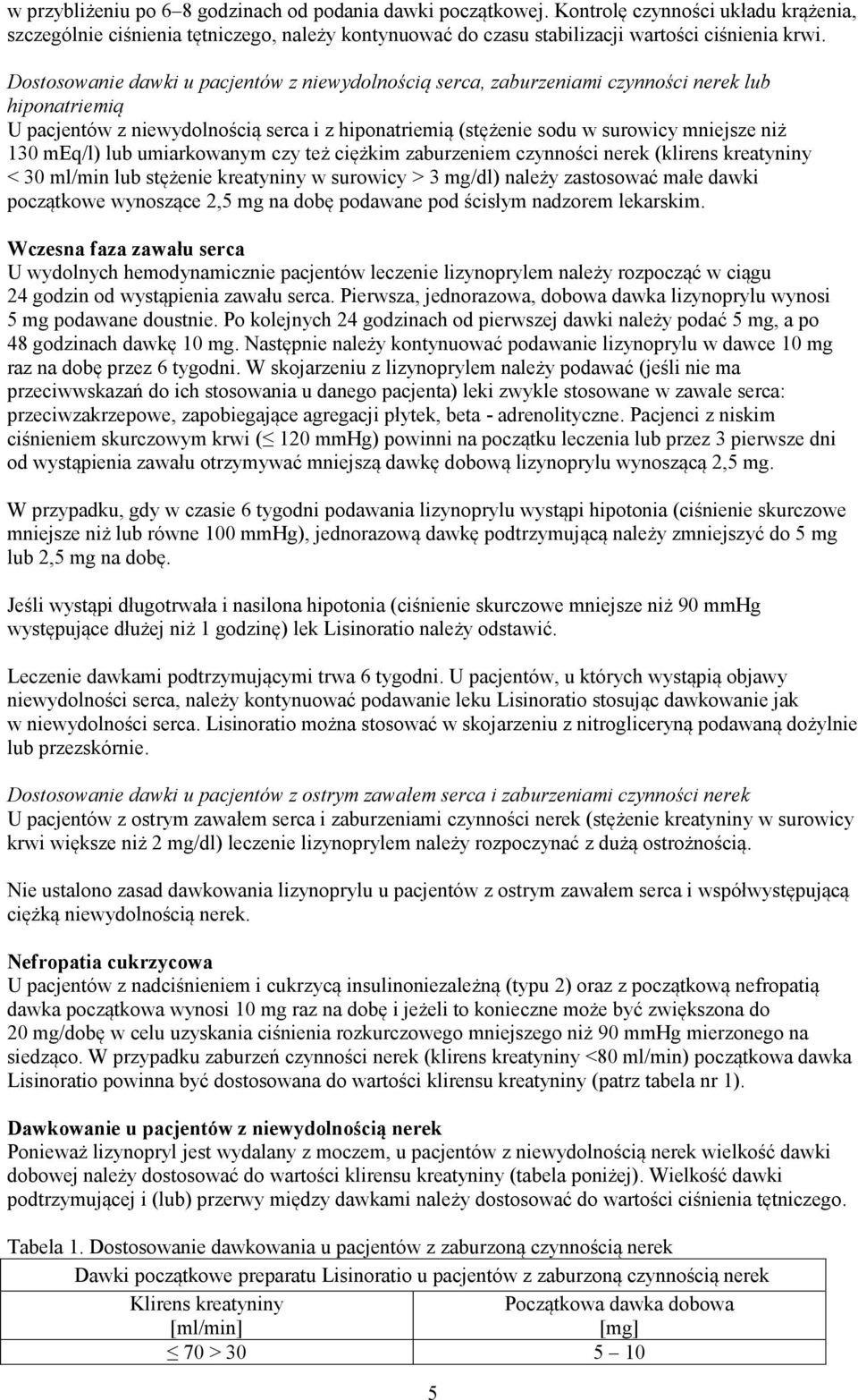 meq/l) lub umiarkowanym czy też ciężkim zaburzeniem czynności nerek (klirens kreatyniny < 30 ml/min lub stężenie kreatyniny w surowicy > 3 mg/dl) należy zastosować małe dawki początkowe wynoszące 2,5