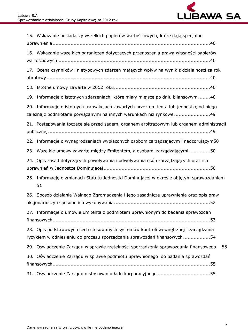 Informacje o istotnych zdarzeniach, które miały miejsce po dniu bilansowym... 48 20.