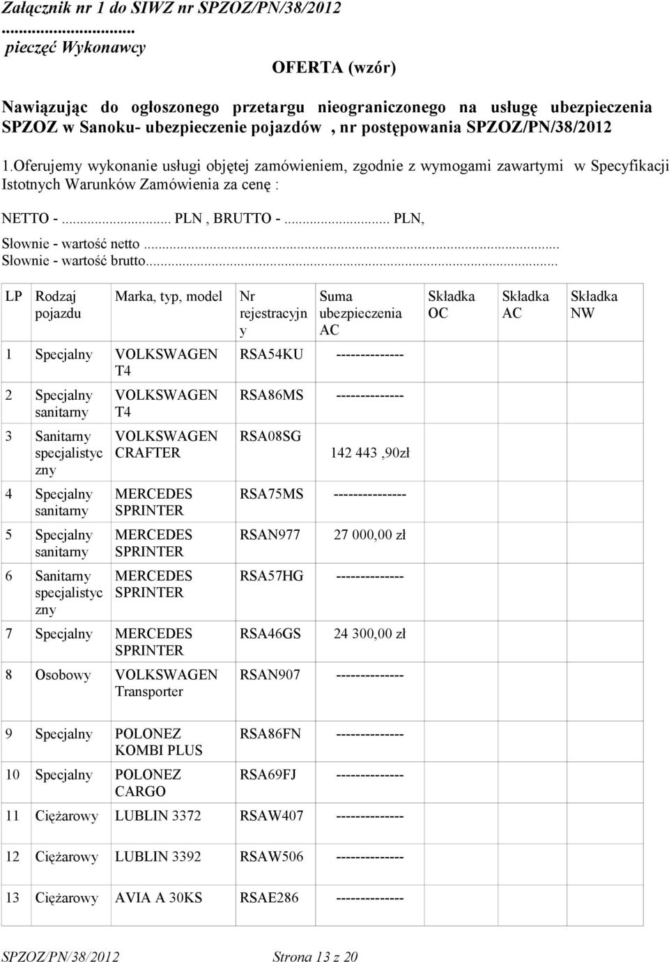 Oferujemy wykonanie usługi objętej zamówieniem, zgodnie z wymogami zawartymi w Specyfikacji Istotnych Warunków Zamówienia za cenę : NETTO -... PLN, BRUTTO -... PLN, Słownie - wartość netto.