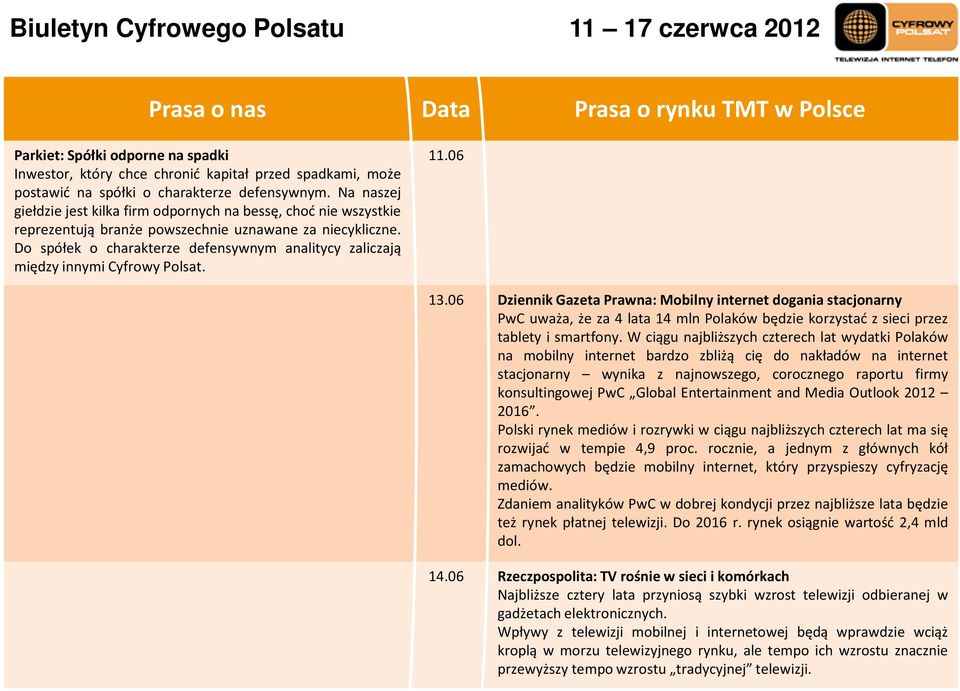 Do spółek o charakterze defensywnym analitycy zaliczają między innymi Cyfrowy Polsat. 11.06 13.