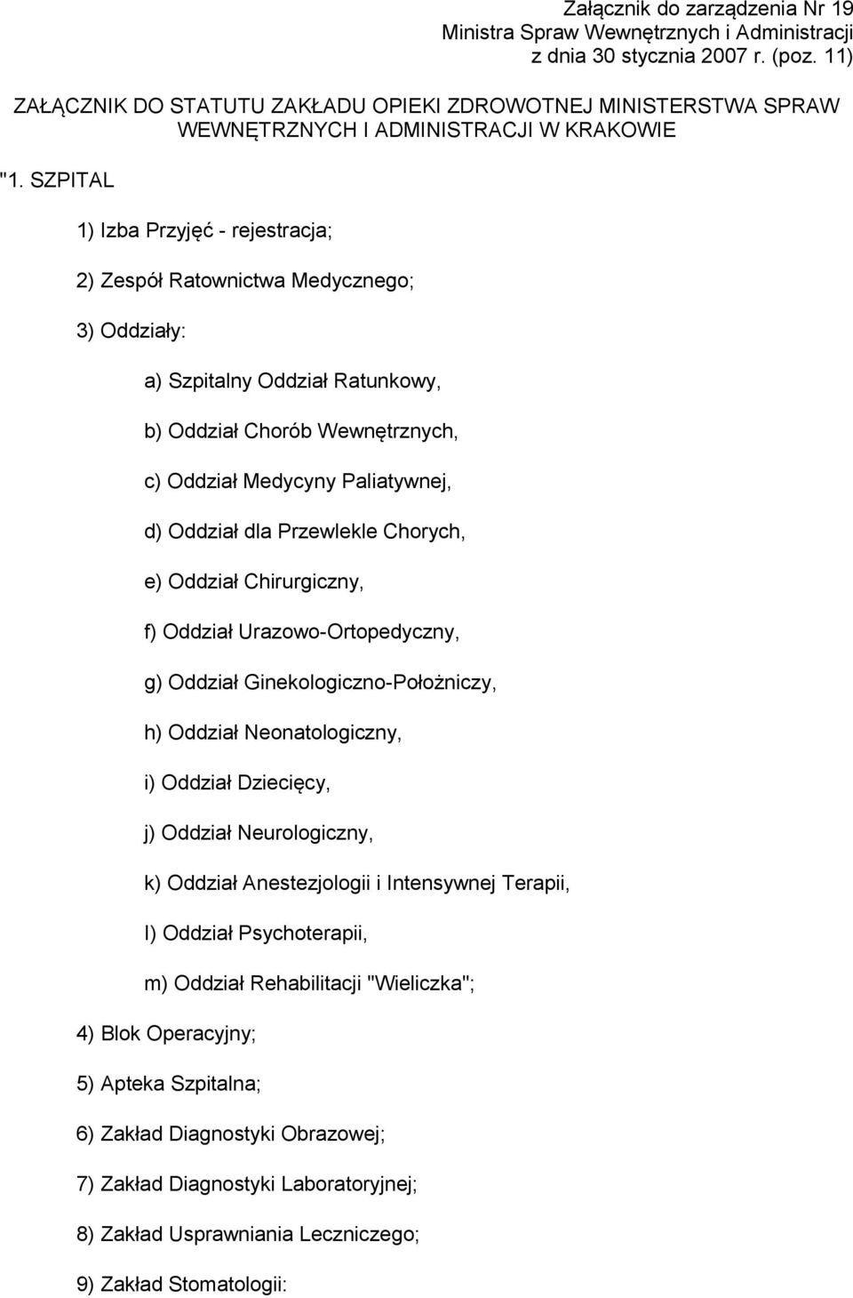 SZPITAL 1) Izba Przyjęć - rejestracja; 2) Zespół Ratownictwa Medycznego; 3) Oddziały: a) Szpitalny Oddział Ratunkowy, b) Oddział Chorób Wewnętrznych, c) Oddział Medycyny Paliatywnej, d) Oddział dla