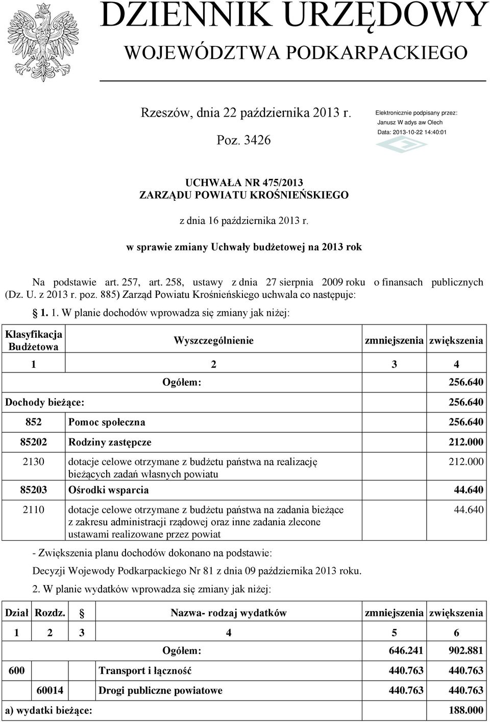 885) Zarząd Powiatu Krośnieńskiego uchwala co następuje: 1. 1. W planie dochodów wprowadza się zmiany jak niżej: Klasyfikacja Budżetowa Wyszczególnienie zmniejszenia zwiększenia 1 2 3 4 Ogółem: 256.