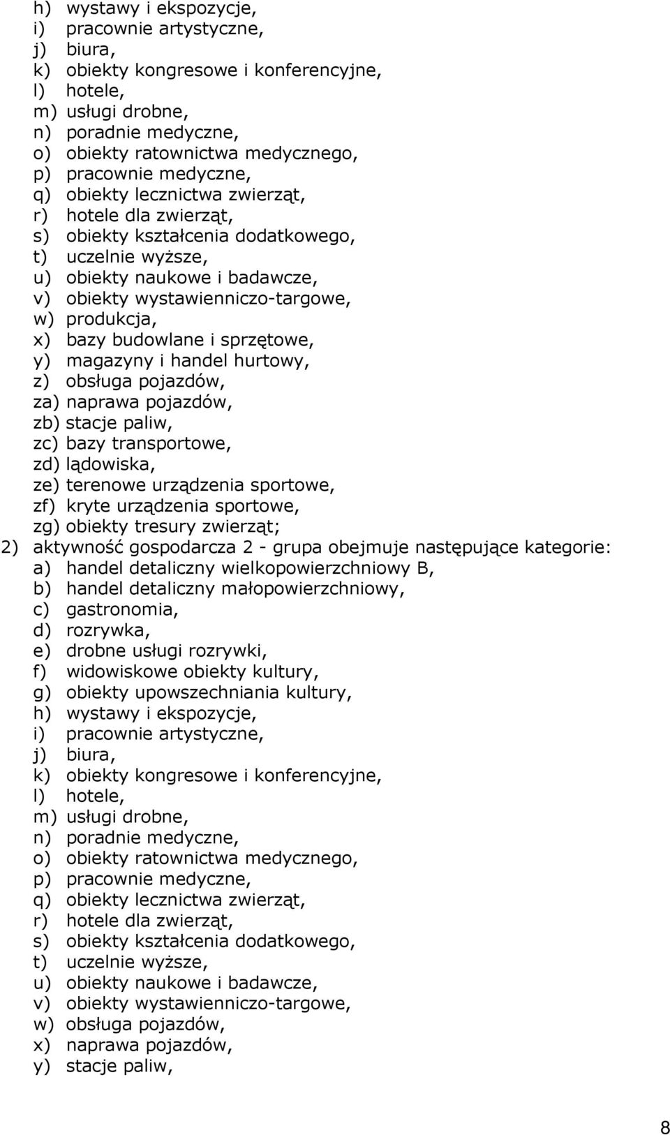 produkcja, x) bazy budowlane i sprzętowe, y) magazyny i handel hurtowy, z) obsługa pojazdów, za) naprawa pojazdów, zb) stacje paliw, zc) bazy transportowe, zd) lądowiska, ze) terenowe urządzenia