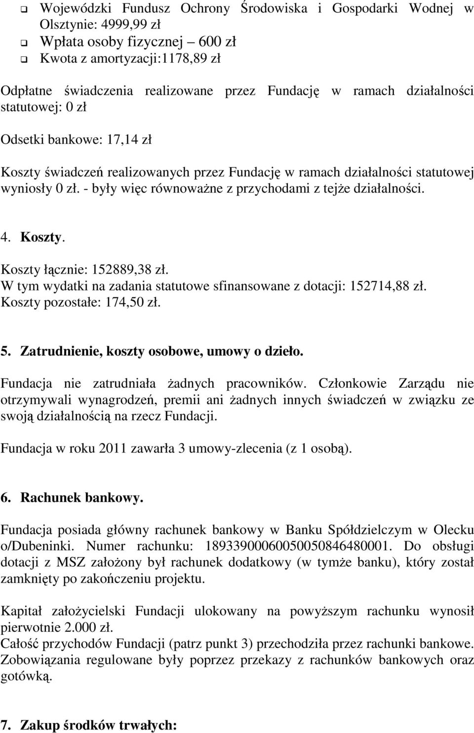 - były więc równoważne z przychodami z tejże działalności. 4. Koszty. Koszty łącznie: 152889,38 zł. W tym wydatki na zadania statutowe sfinansowane z dotacji: 152714,88 zł.