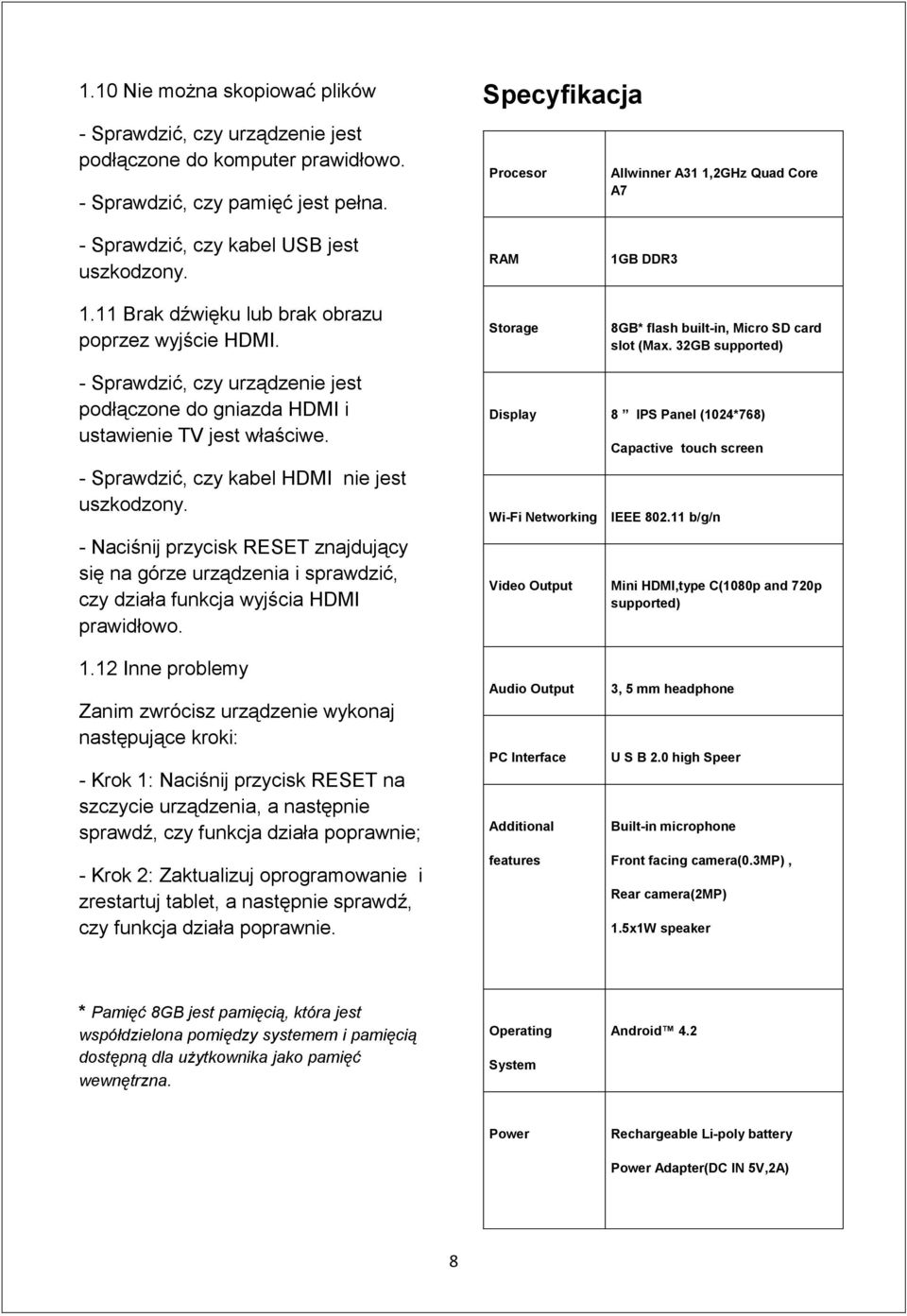 RAM Storage 1GB DDR3 8GB* flash built-in, Micro SD card slot (Max. 32GB supported) - Sprawdzić, czy urządzenie jest podłączone do gniazda HDMI i ustawienie TV jest właściwe.