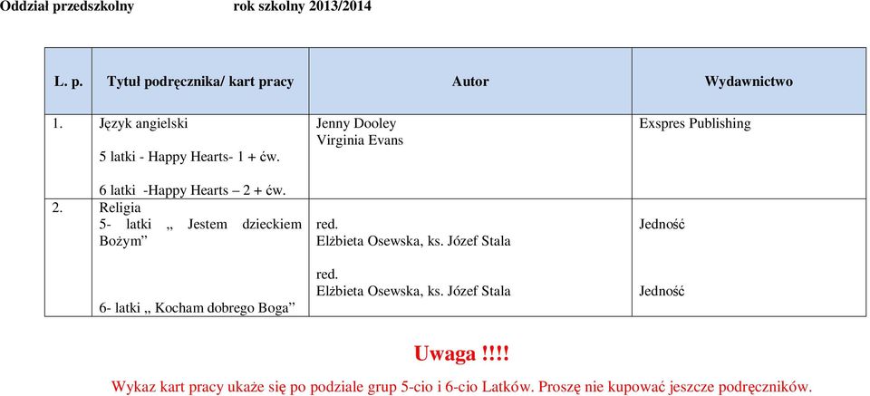 + ćw. 2. Religia 5- latki Jestem dzieckiem Bożym 6- latki Kocham dobrego Boga Jenny Dooley Virginia Evans red.