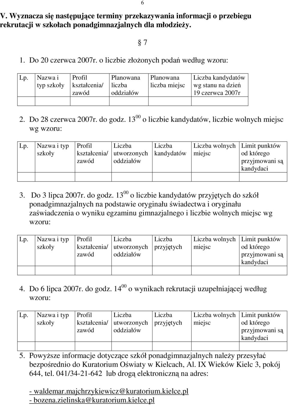 13 00 o liczbie kandydatów, liczbie wolnych miejsc wg wzoru: Lp.