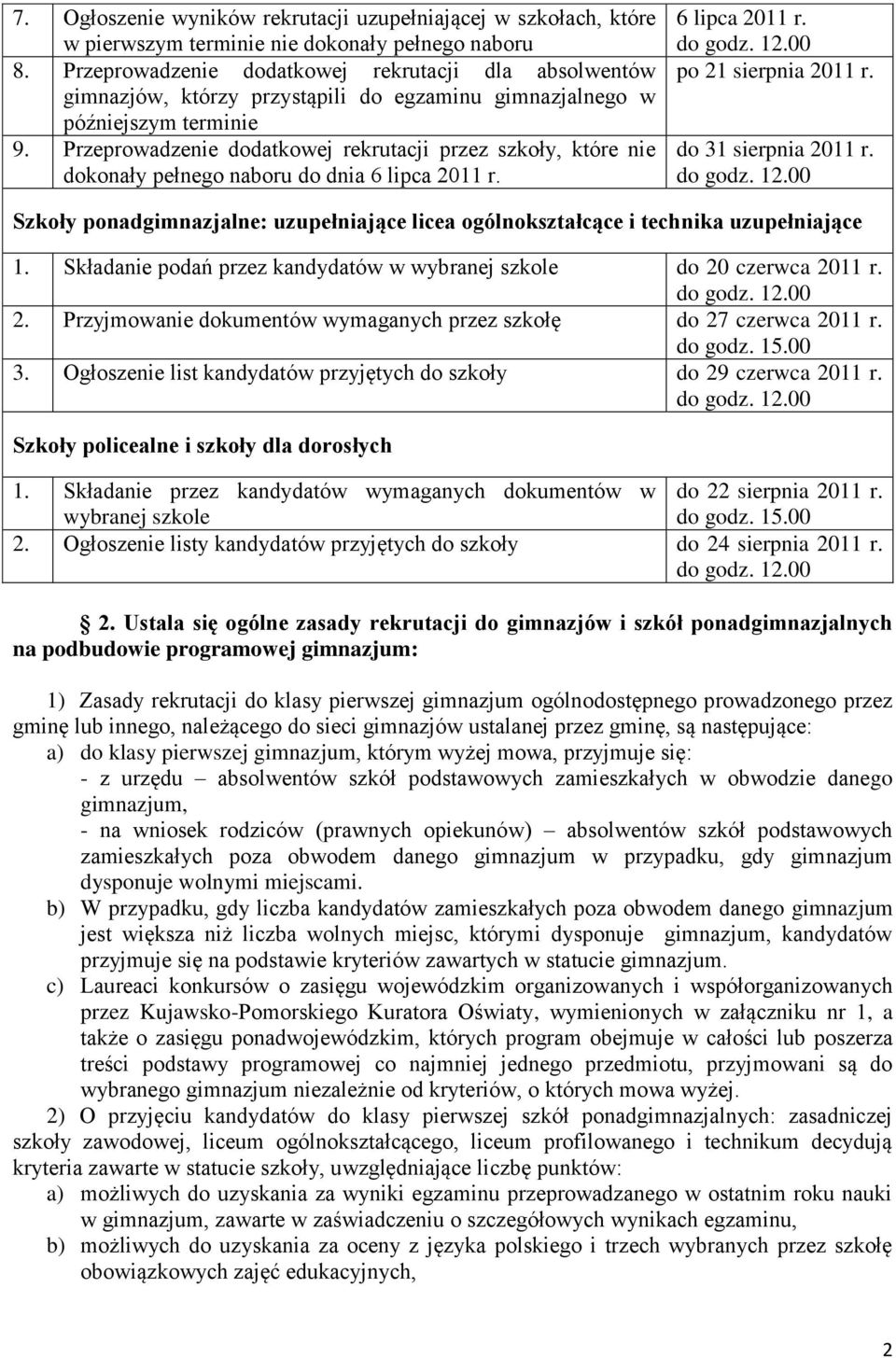 Przeprowadzenie dodatkowej rekrutacji przez szkoły, które nie dokonały pełnego naboru do dnia 6 lipca 2011 r. 6 lipca 2011 r. po 21 sierpnia 2011 r. do 31 sierpnia 2011 r.