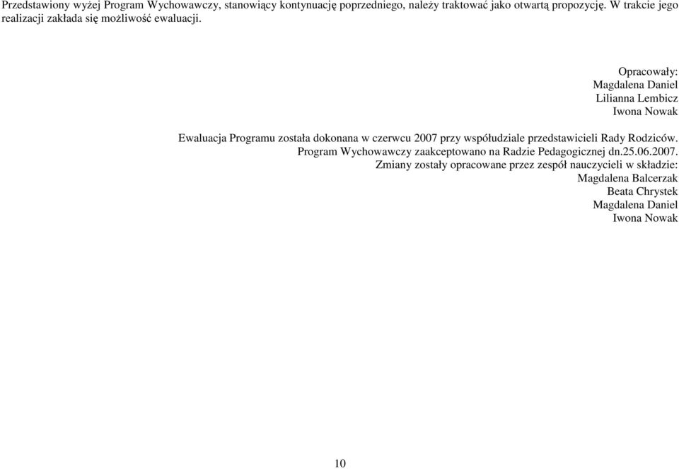 Opracowały: Magdalena Daniel Lilianna Lembicz Iwona Nowak Ewaluacja Programu została dokonana w czerwcu 2007 przy współudziale