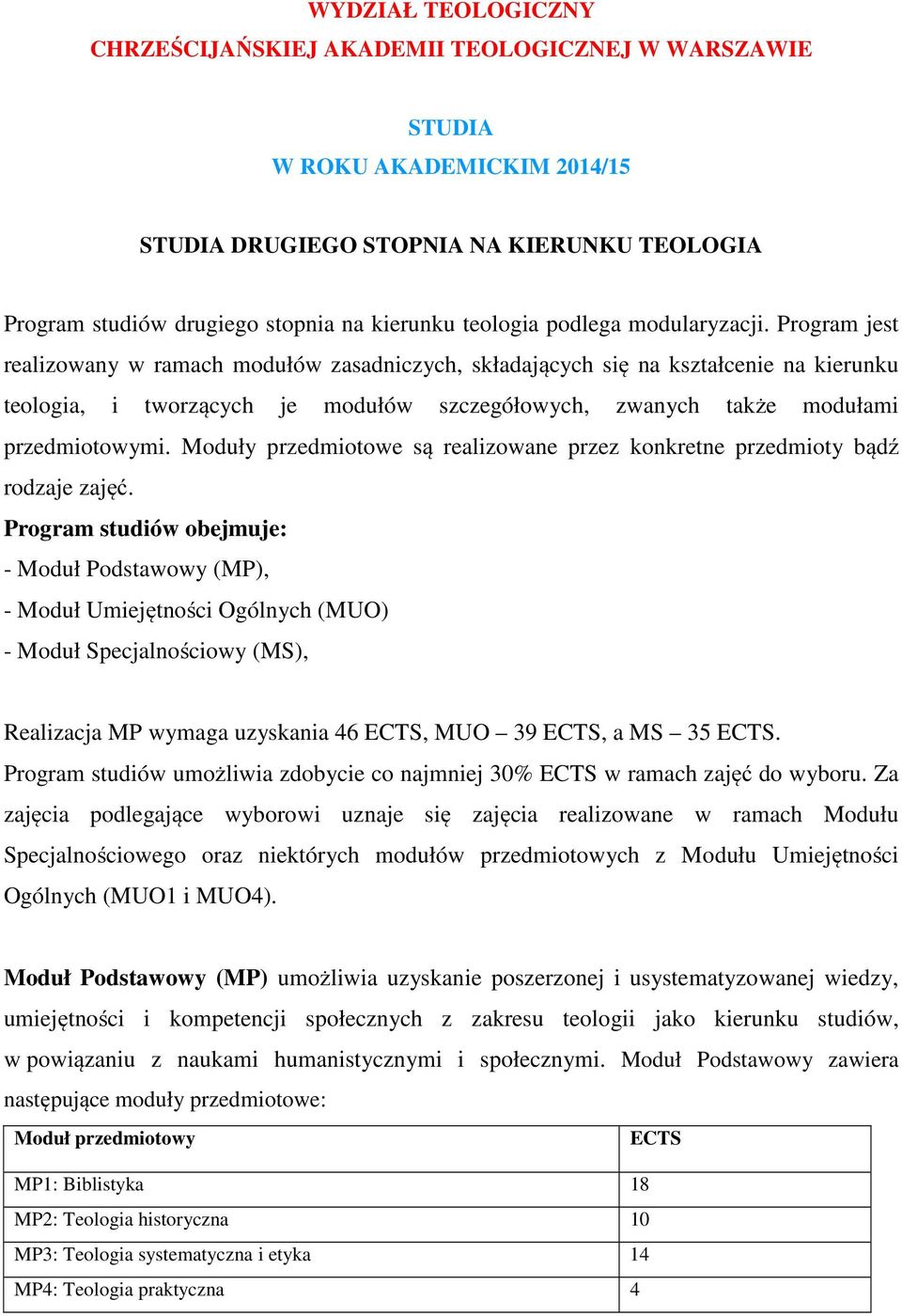 Program jest realizowany w ramach modułów zasadniczych, składających się na kształcenie na kierunku teologia, i tworzących je modułów szczegółowych, zwanych także modułami przedmiotowymi.