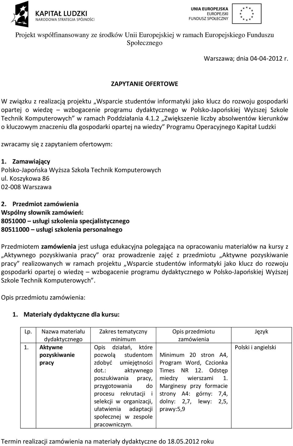 Szkole Technik Komputerowych w ramach Poddziałania 4.1.