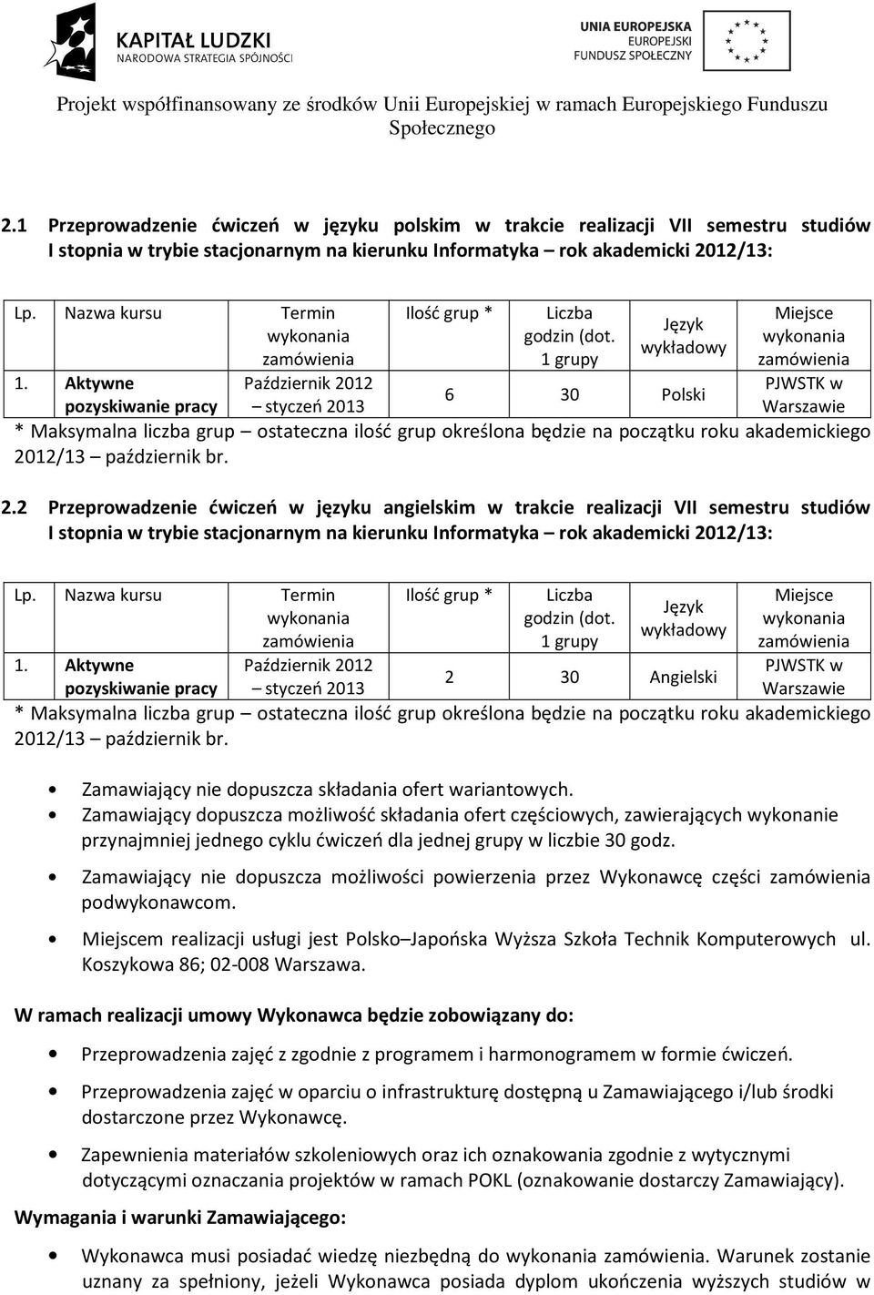 Aktywne Październik 2012 PJWSTK w 6 30 Polski pozyskiwanie pracy styczeń 2013 Warszawie * Maksymalna liczba grup ostateczna ilość grup określona będzie na początku roku akademickiego 2012/13