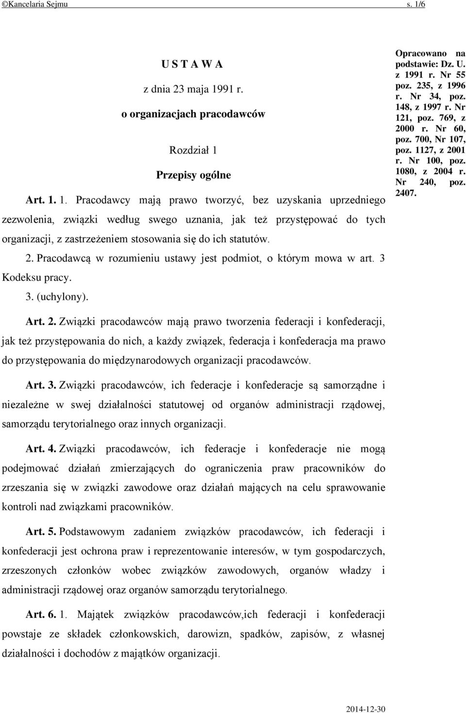 91 r. o organizacjach pracodawców Rozdział 1 