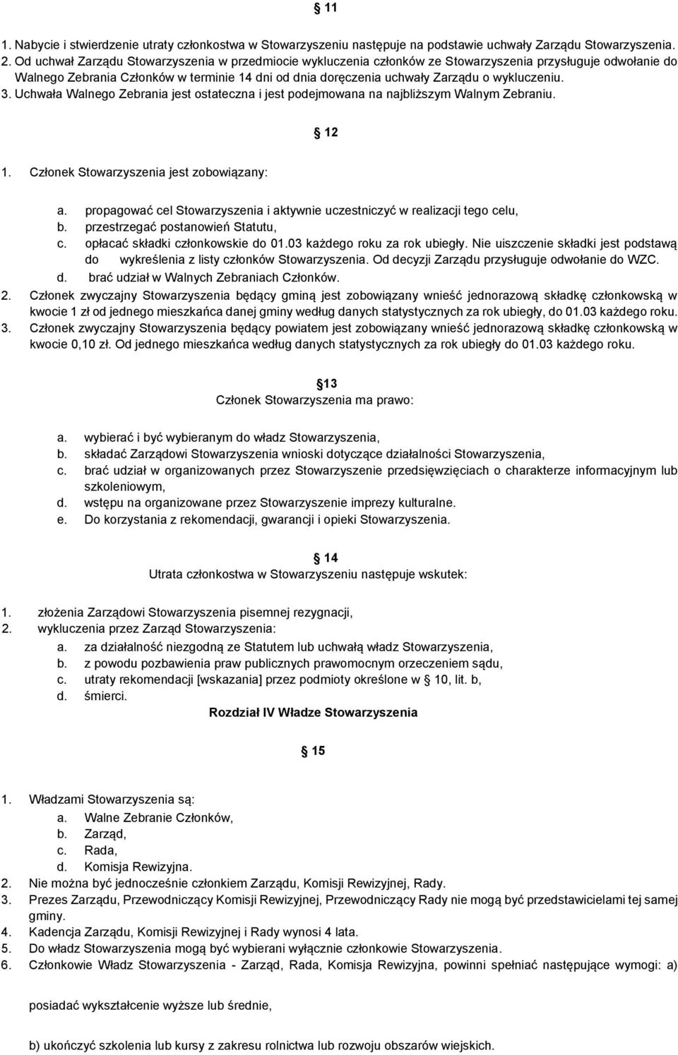 wykluczeniu. 3. Uchwała Walnego Zebrania jest ostateczna i jest podejmowana na najbliższym Walnym Zebraniu. 12 1. Członek Stowarzyszenia jest zobowiązany: a.