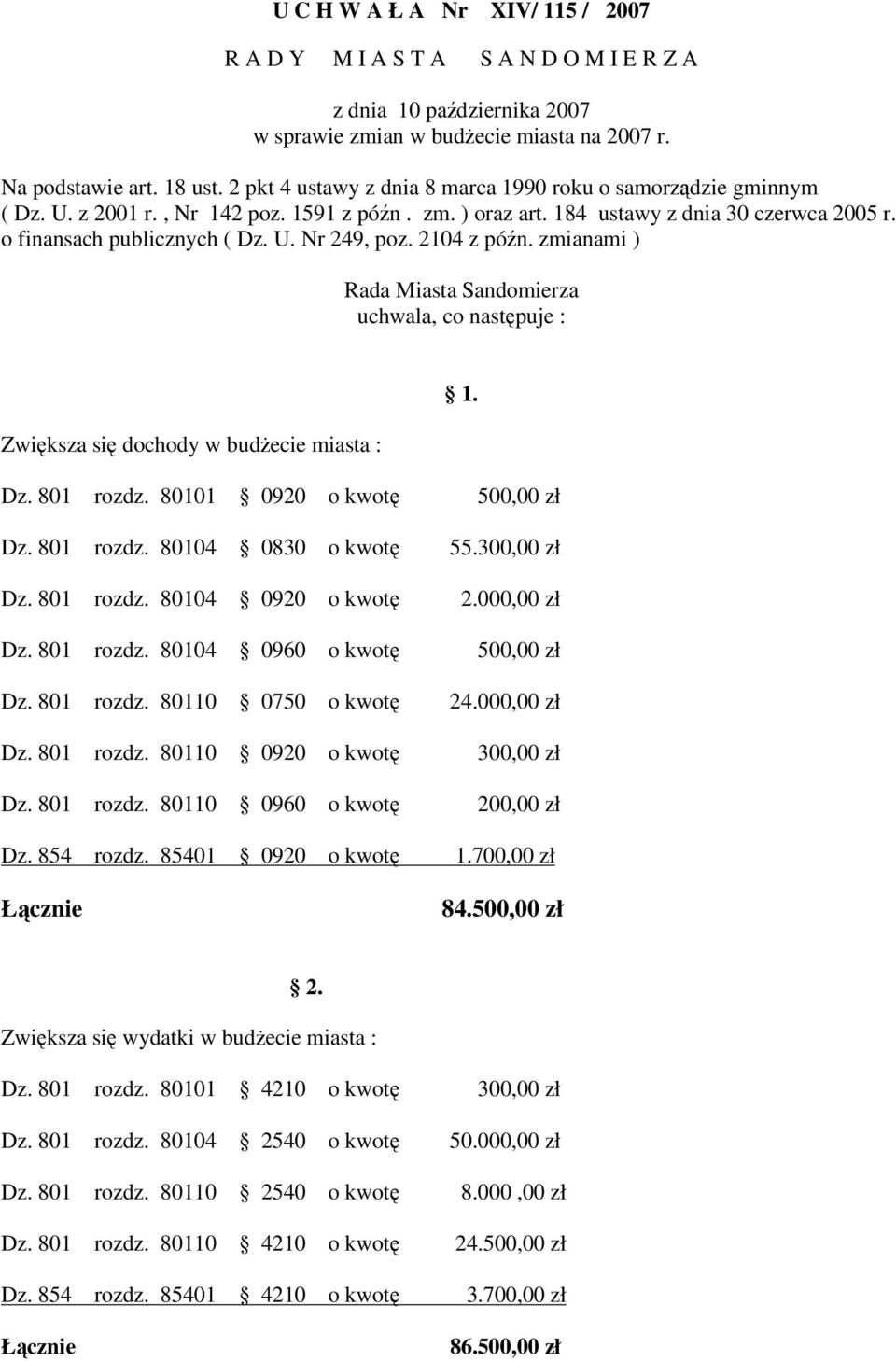 2104 z pón. zmianami ) Rada Miasta Sandomierza uchwala, co nastpuje : 1. Zwiksza si dochody w budecie miasta : Dz. 801 rozdz. 80101 0920 o kwot 500,00 zł Dz. 801 rozdz. 80104 0830 o kwot 55.