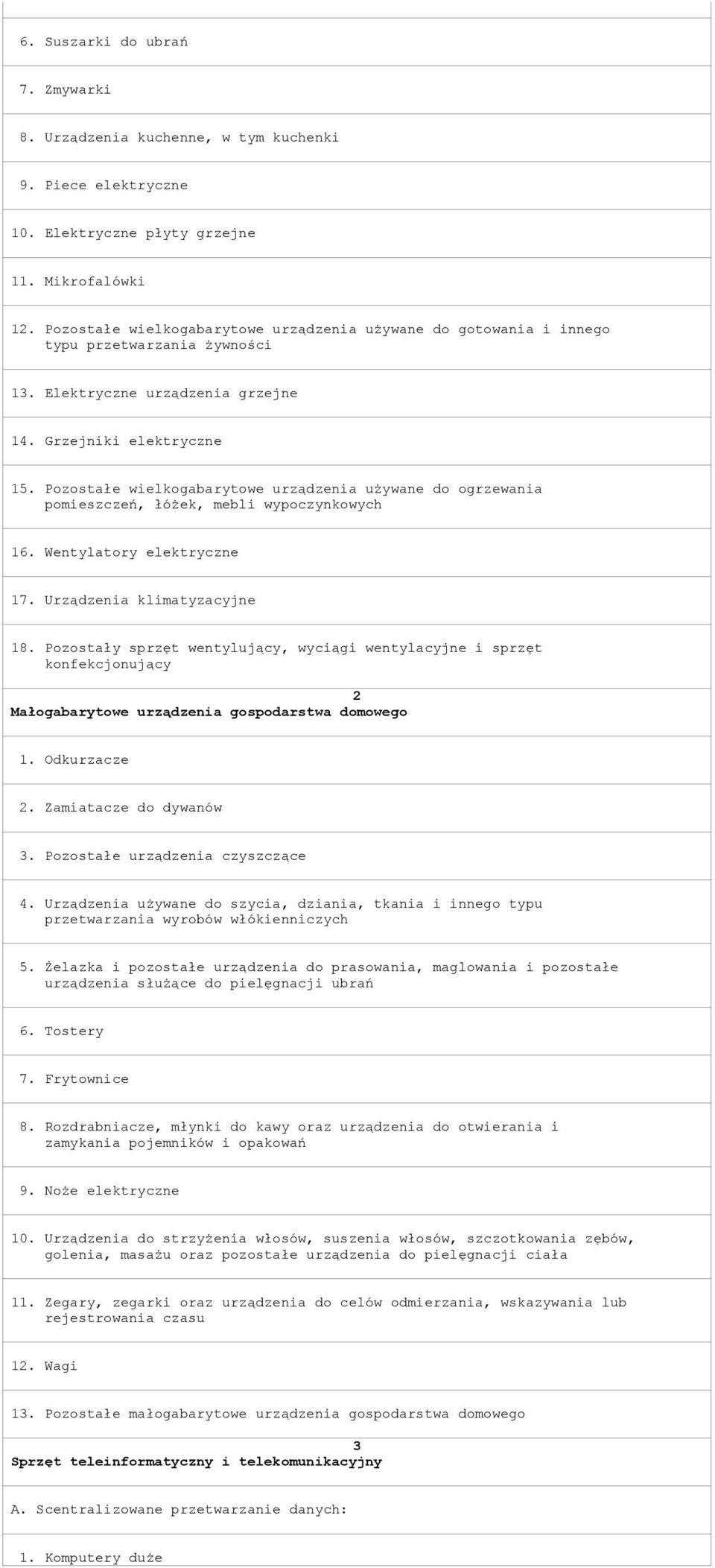 Pozostałe wielkogabarytowe urządzenia używane do ogrzewania pomieszczeń, łóżek, mebli wypoczynkowych 16. Wentylatory elektryczne 17. Urządzenia klimatyzacyjne 18.