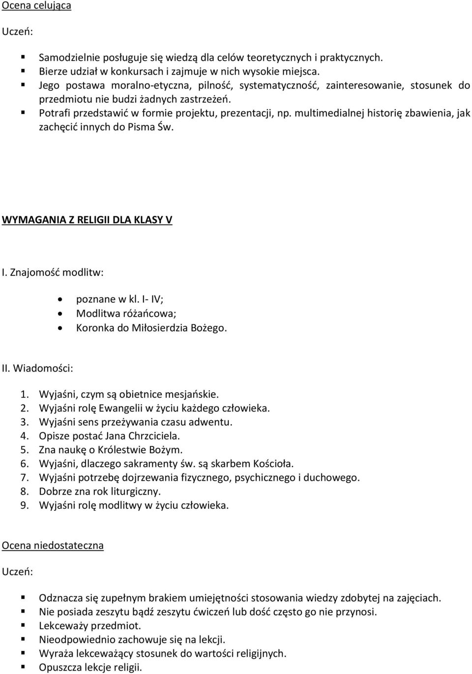 multimedialnej historię zbawienia, jak zachęcić innych do Pisma Św. WYMAGANIA Z RELIGII DLA KLASY V I. Znajomość modlitw: poznane w kl. I- IV; Modlitwa różańcowa; Koronka do Miłosierdzia Bożego. II.