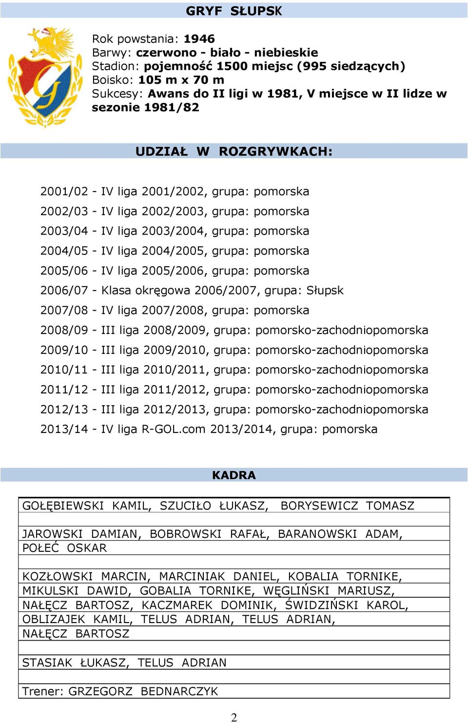 2004/2005, grupa: pomorska 2005/06 - IV liga 2005/2006, grupa: pomorska 2006/07 - Klasa okręgowa 2006/2007, grupa: Słupsk 2007/08 - IV liga 2007/2008, grupa: pomorska 2008/09 - III liga 2008/2009,