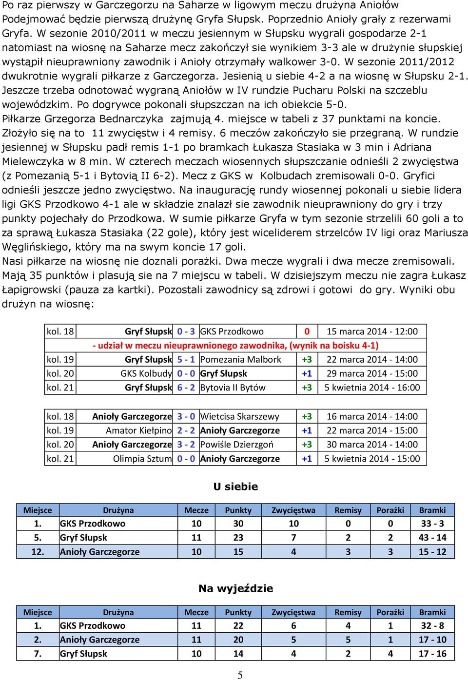 otrzymały walkower 3-0. W sezonie 2011/2012 dwukrotnie wygrali piłkarze z Garczegorza. Jesienią u siebie 4-2 a na wiosnę w Słupsku 2-1.