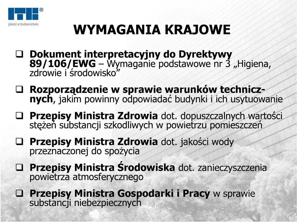 dopuszczalnych wartości stęŝeń substancji szkodliwych w powietrzu pomieszczeń Przepisy Ministra Zdrowia dot.
