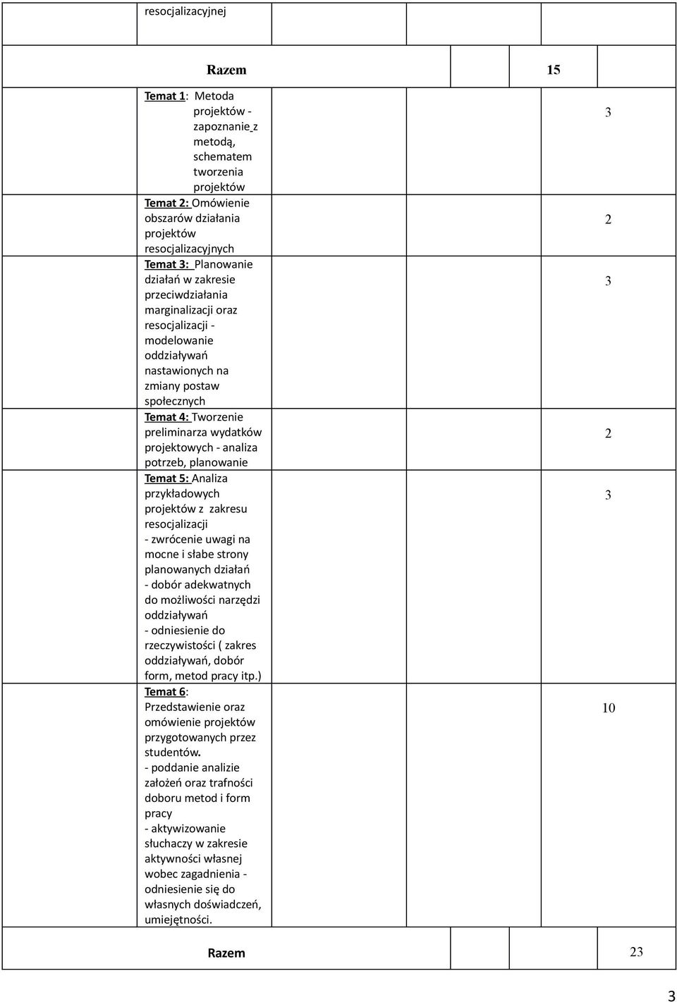 5: Analiza przykładowych projektów z zakresu resocjalizacji - zwrócenie uwagi na mocne i słabe strony planowanych działań - dobór adekwatnych do możliwości narzędzi - odniesienie do rzeczywistości (