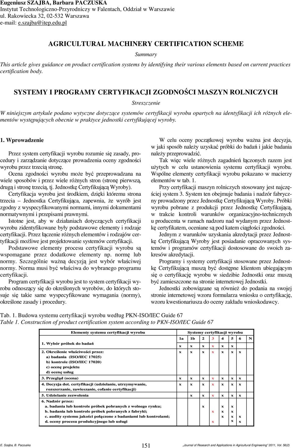 SYSTEMY I PROGRAMY CERTYFIKACJI ZGODNOŚCI MASZYN ROLNICZYCH Streszczenie W niniejszym artykule podano wytyczne dotyczące systemów certyfikacji wyrobu opartych na identyfikacji ich różnych elementów