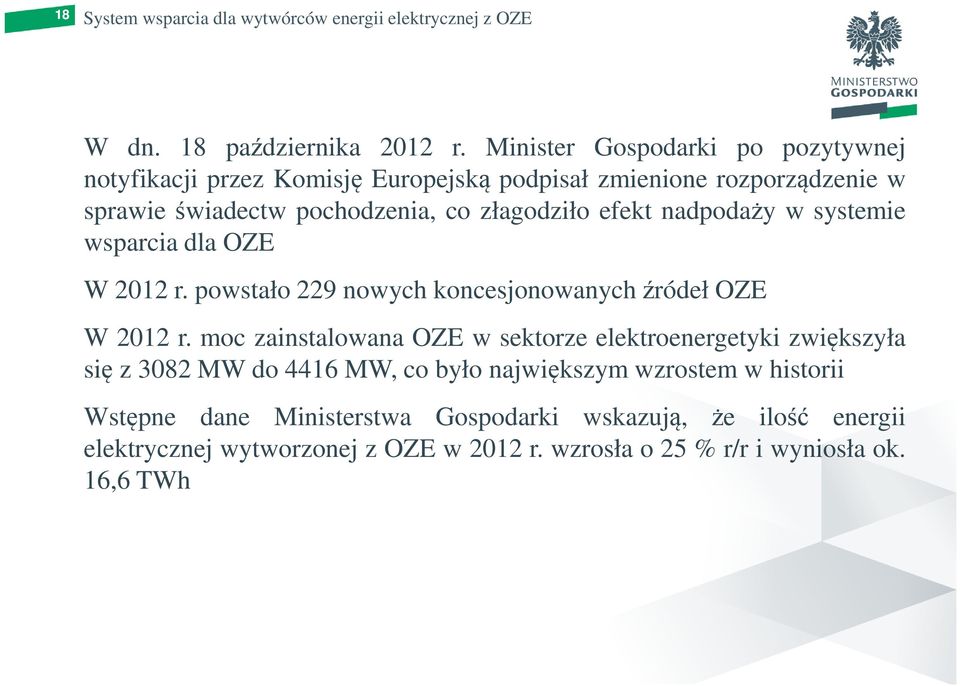 nadpodaży w systemie wsparcia dla OZE W 2012 r. powstało 229 nowych koncesjonowanych źródeł OZE W 2012 r.