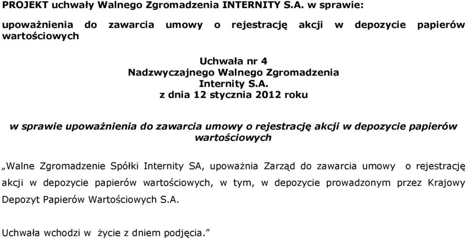 Zgromadzenie Spółki Internity SA, upowaŝnia Zarząd do zawarcia umowy o rejestrację akcji w depozycie