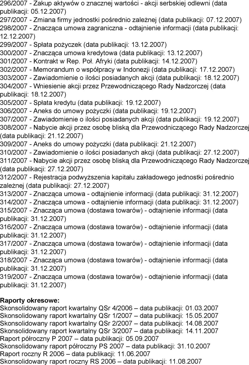 12.2007) 303/2007 - Zawiadomienie o ilości posiadanych akcji (data publikacji: 18.12.2007) 304/2007 - Wniesienie akcji przez Przewodniczącego Rady Nadzorczej (data publikacji: 18.12.2007) 305/2007 - Spłata kredytu (data publikacji: 19.