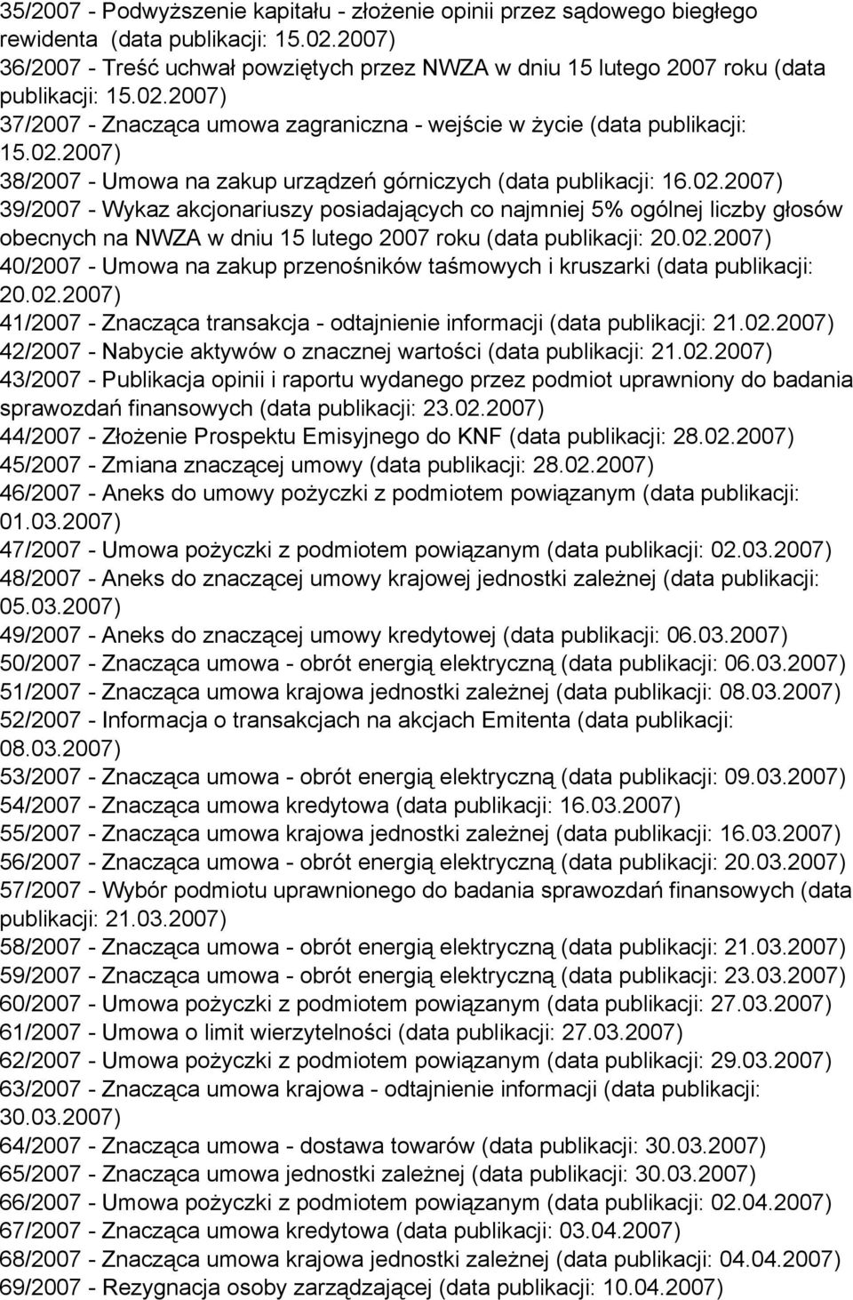 02.2007) 39/2007 - Wykaz akcjonariuszy posiadających co najmniej 5% ogólnej liczby głosów obecnych na NWZA w dniu 15 lutego 2007 roku (data publikacji: 20.02.2007) 40/2007 - Umowa na zakup przenośników taśmowych i kruszarki (data publikacji: 20.