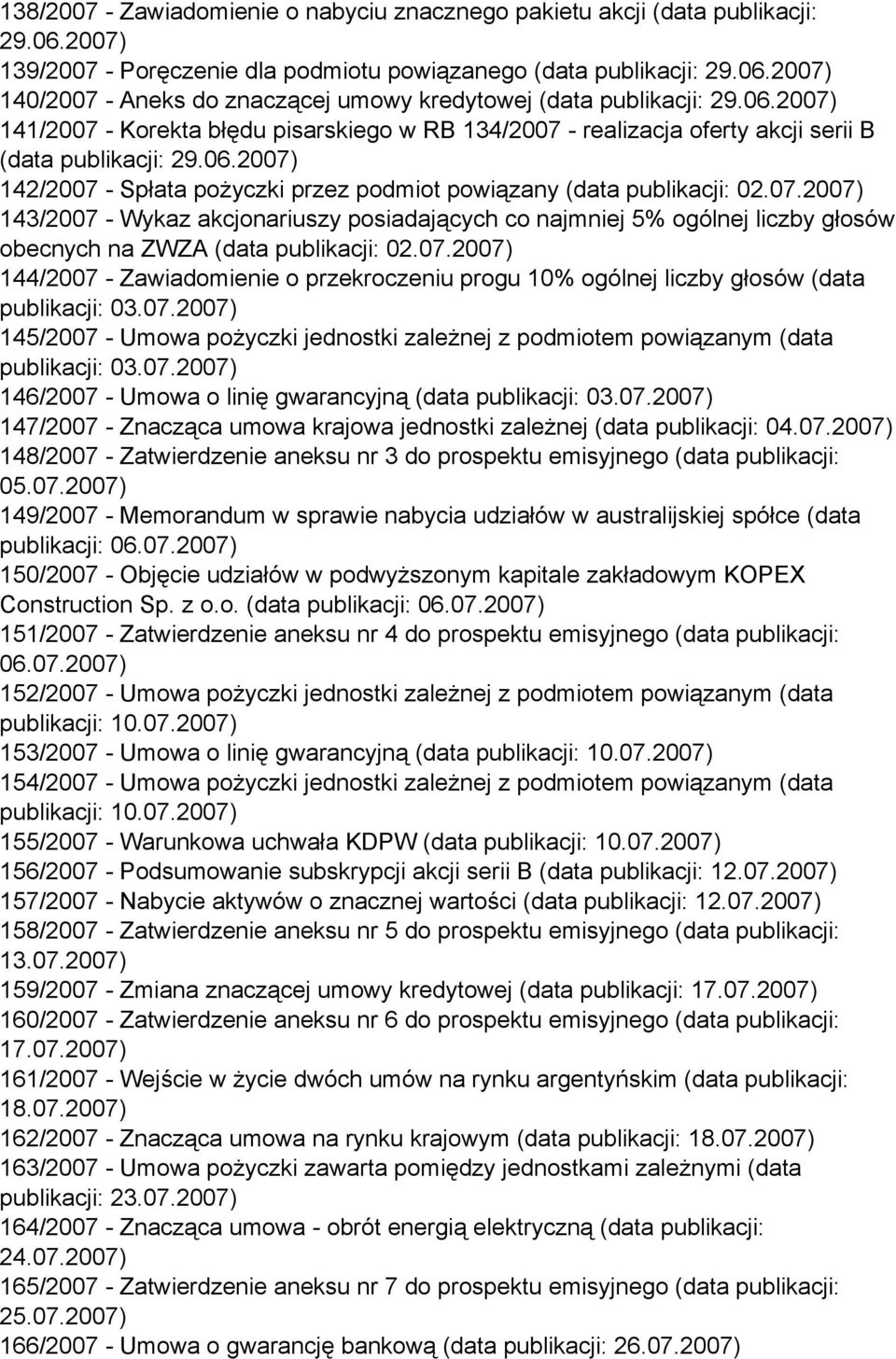 07.2007) 144/2007 - Zawiadomienie o przekroczeniu progu 10% ogólnej liczby głosów (data publikacji: 03.07.2007) 145/2007 - Umowa pożyczki jednostki zależnej z podmiotem powiązanym (data publikacji: 03.